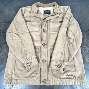 Vtg Cabelas Jacket Beige Field Chore Coat Sherpa Fleece Lined Canvas XL Tall